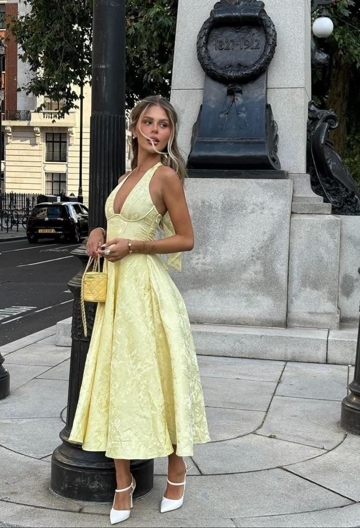 Women’s Yellow Dress Midi Halter | Wedding Guest