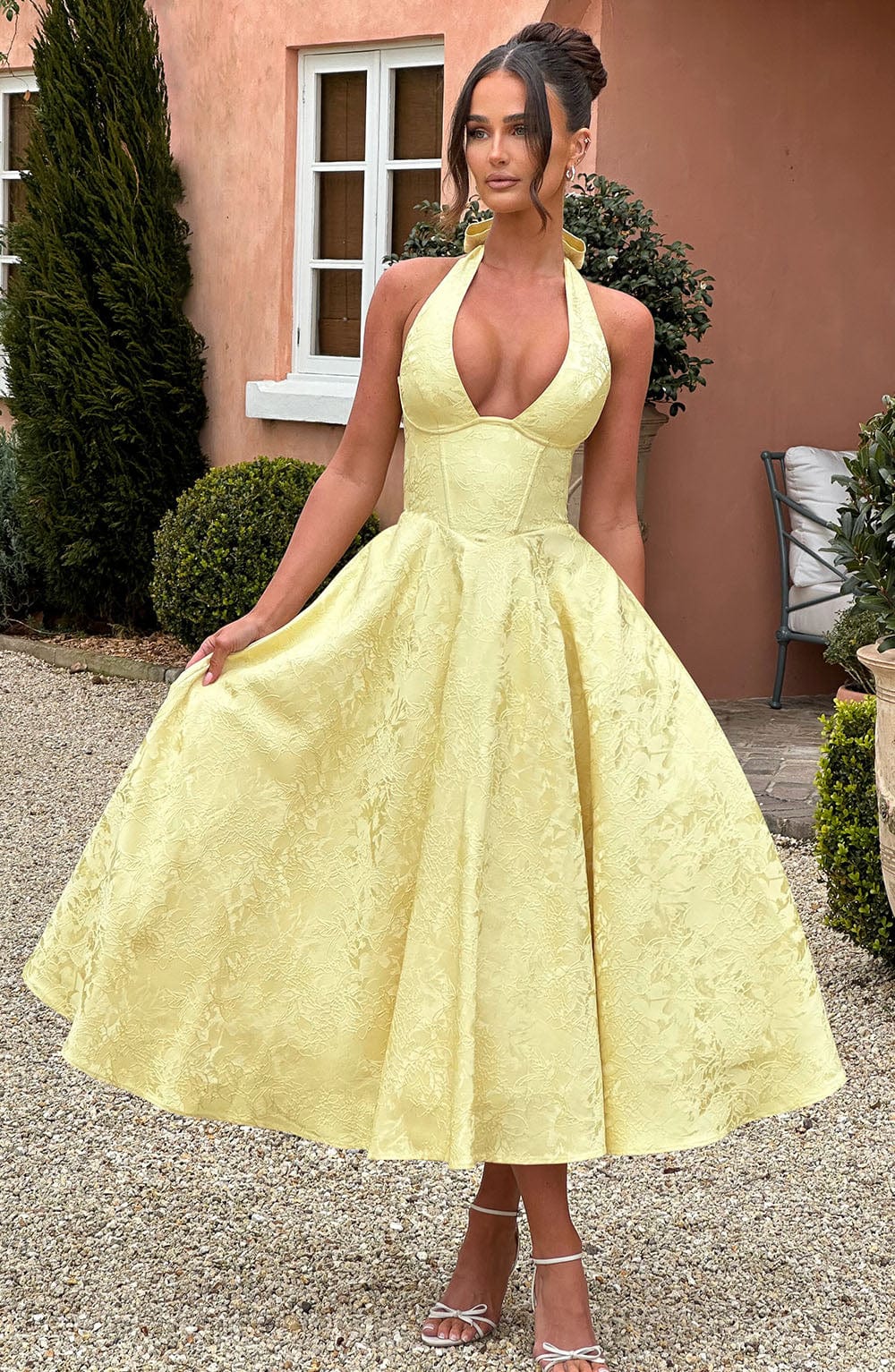 Women’s Yellow Dress Midi Halter | Wedding Guest