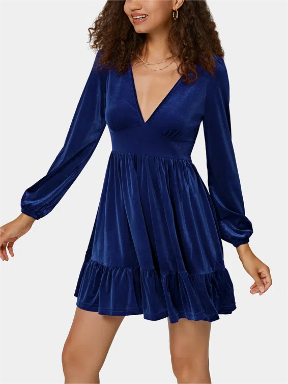 Christmas Party Dress Mini with Plunge V-Neck | Ruffle Hem