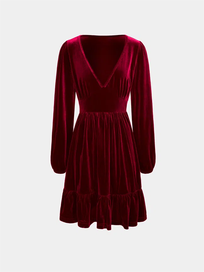 Christmas Party Dress Mini with Plunge V-Neck | Ruffle Hem