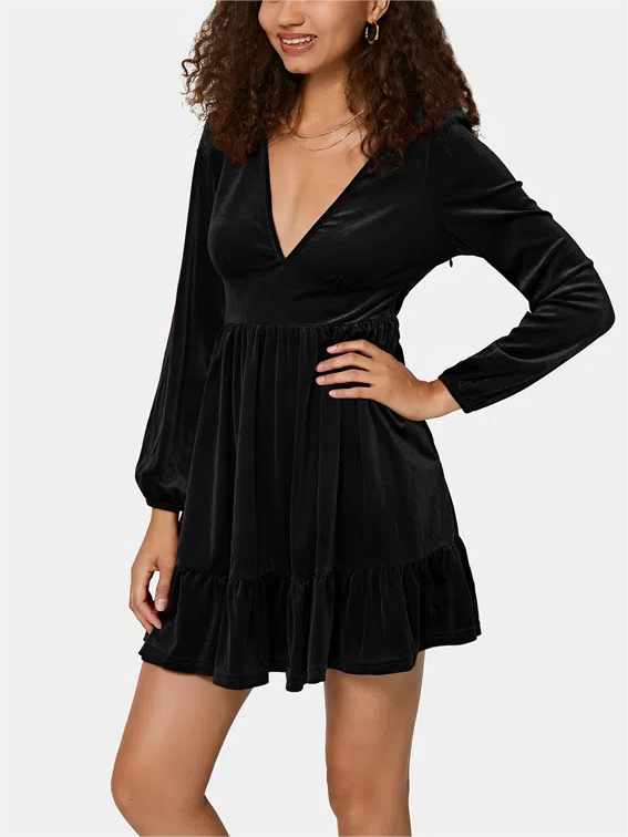 Christmas Party Dress Mini with Plunge V-Neck | Ruffle Hem