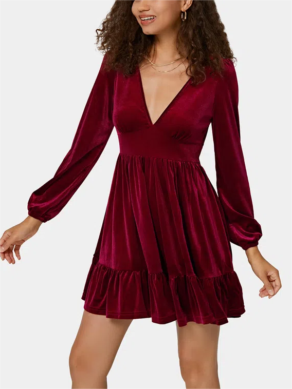 Christmas Party Dress Mini with Plunge V-Neck | Ruffle Hem
