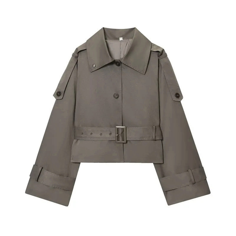 Women's Cropped Trench Coat with Belted Waist | Collar