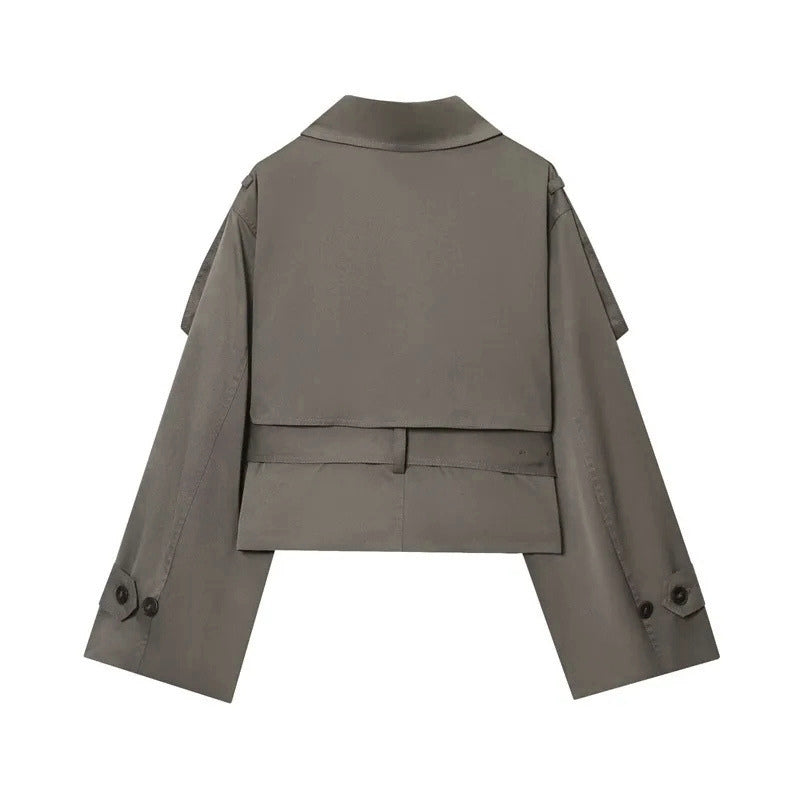 Women's Cropped Trench Coat with Belted Waist | Collar