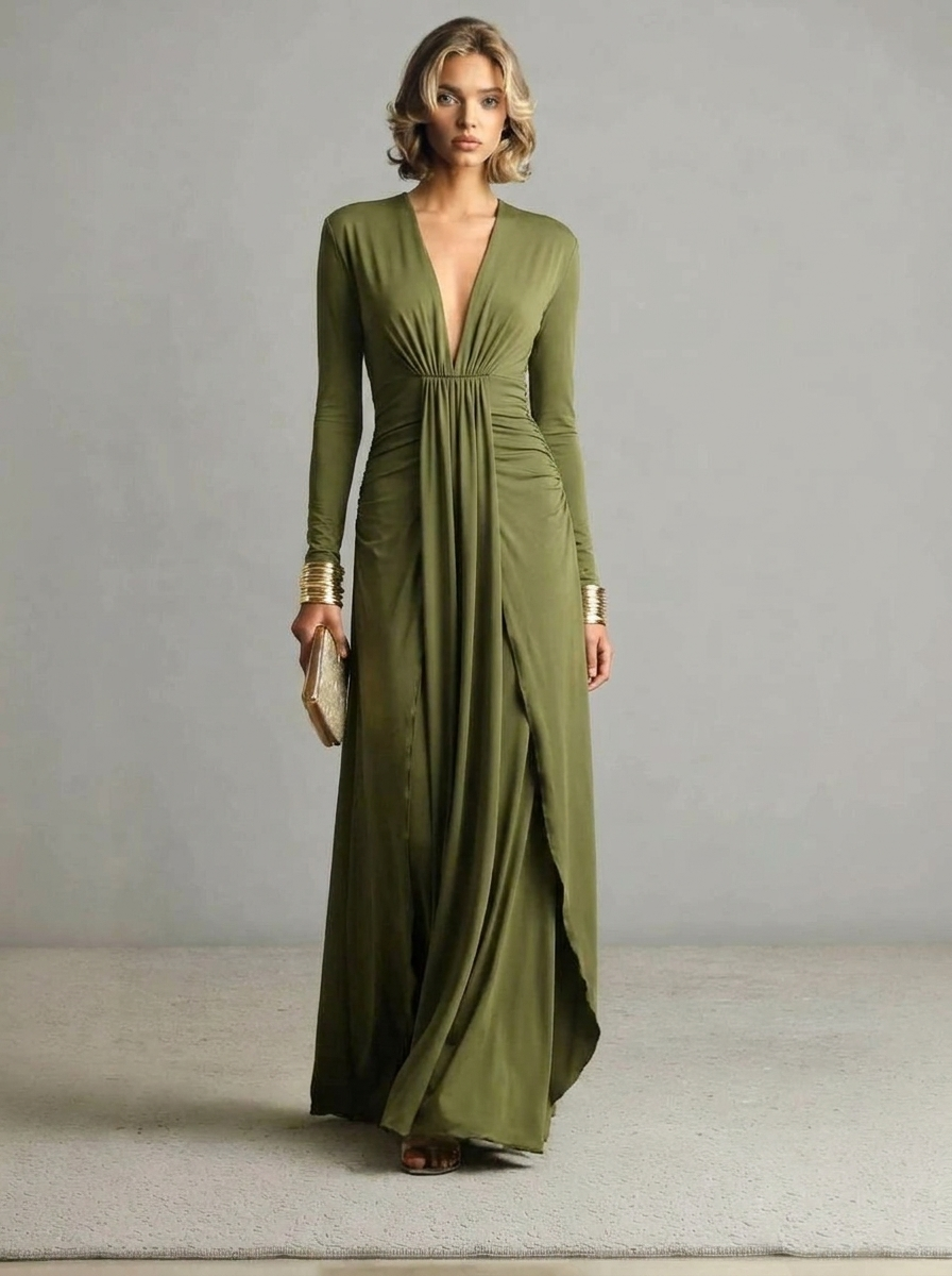 Women's Long Sleeve Dress with Plunge Neck | Formal Maxi