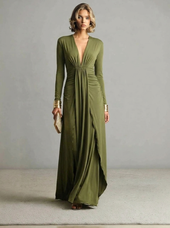 Women's Long Sleeve Dress with Plunge Neck | Formal Maxi