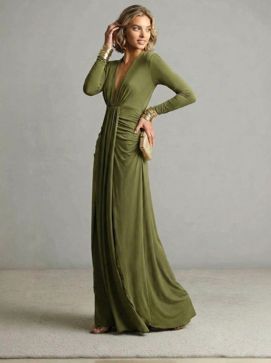 Women's Long Sleeve Dress with Plunge Neck | Formal Maxi