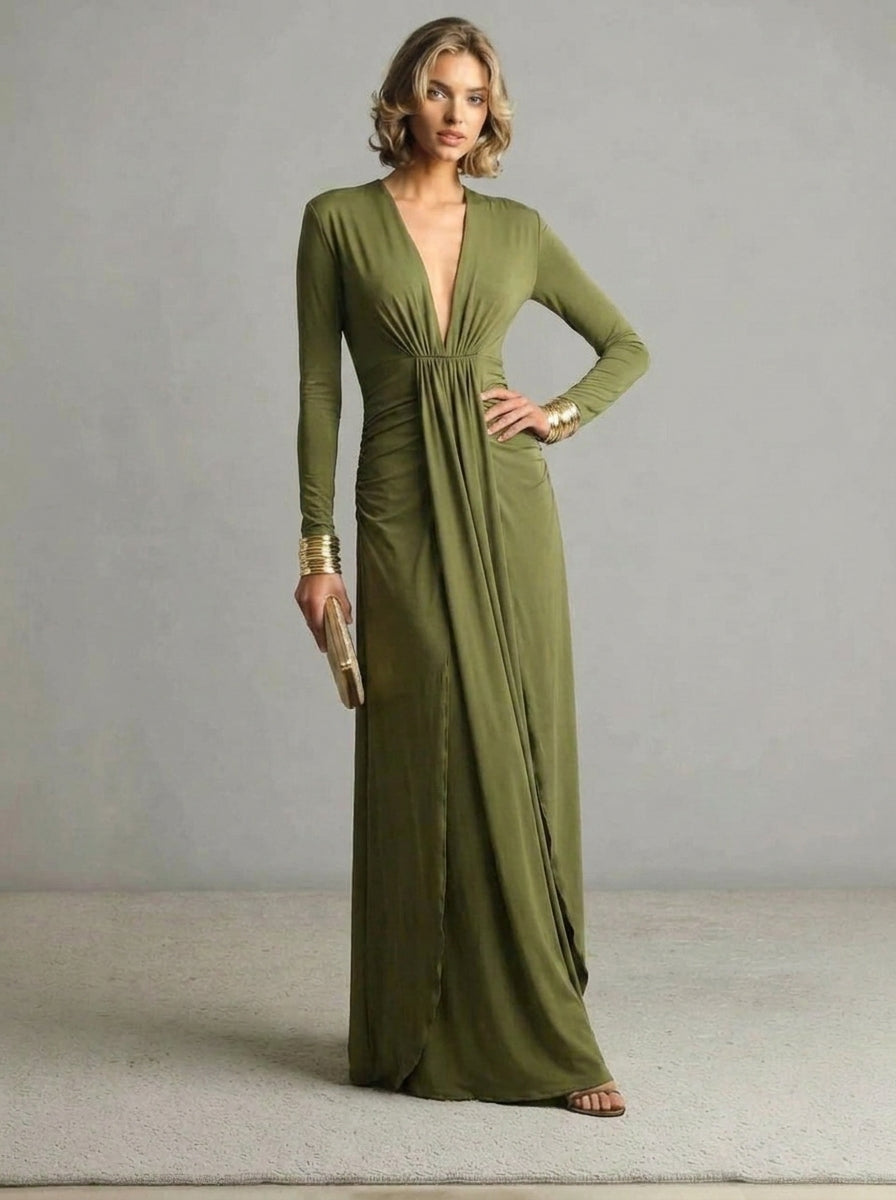 Women's Long Sleeve Dress with Plunge Neck | Formal Maxi