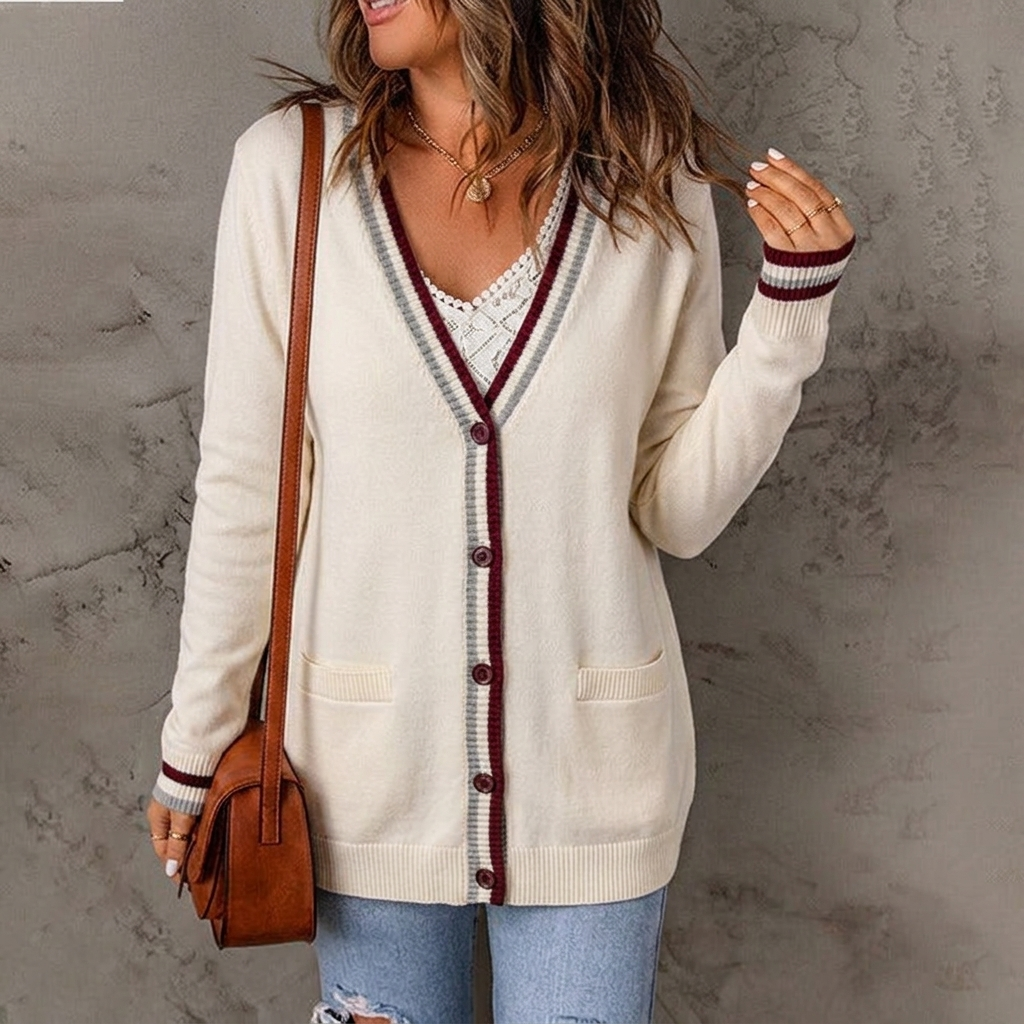 Women's Knit Cardigan with Striped Trim & Pockets | V-Neck
