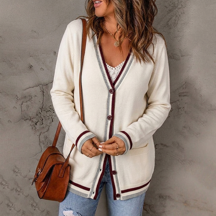 Women's Knit Cardigan with Striped Trim & Pockets | V-Neck