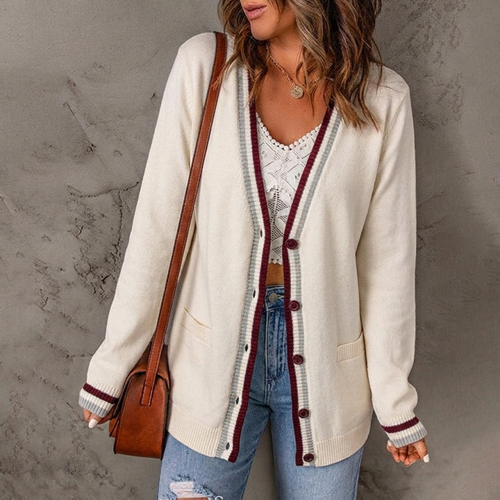 Women's Knit Cardigan with Striped Trim & Pockets | V-Neck