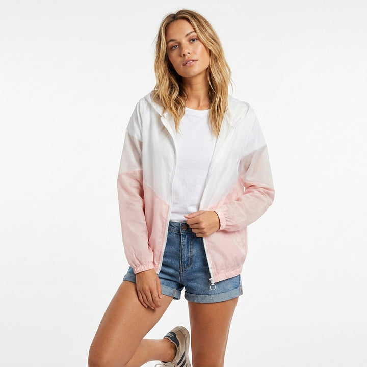 Women's Hooded Rain Jacket with Colour Block & Zip Up | Drawstring