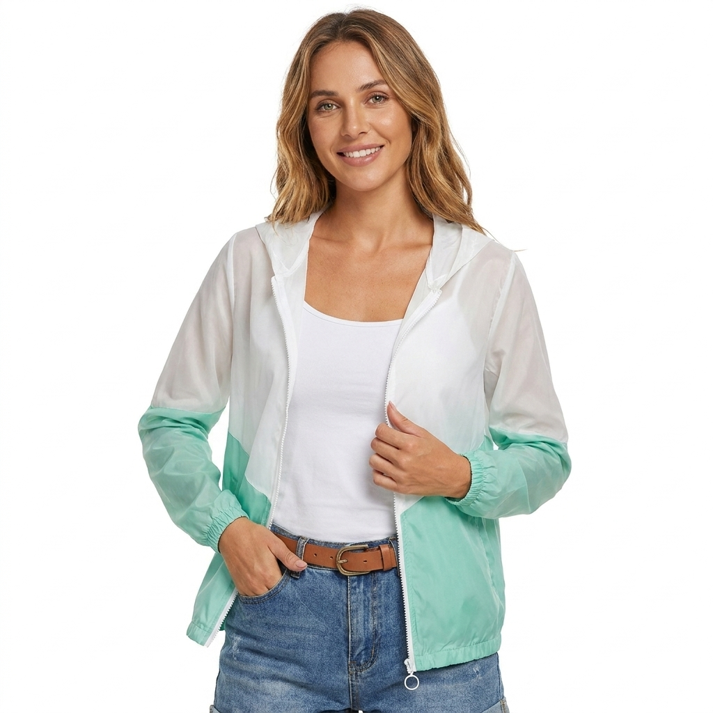Women's Hooded Rain Jacket with Colour Block & Zip Up | Drawstring
