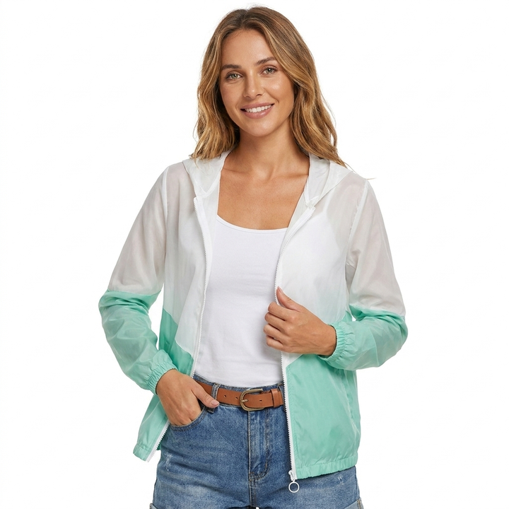 Women's Hooded Rain Jacket with Colour Block & Zip Up | Drawstring
