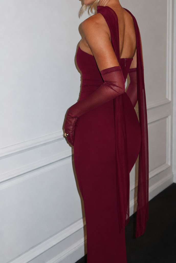 Women's Race Dress with Sheer Sleeves & Scarf Detail | Maxi