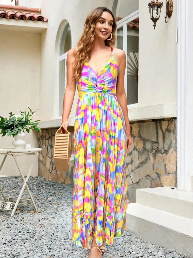 Women’s Summer Dress Abstract Print Pleated Maxi | Tie Back