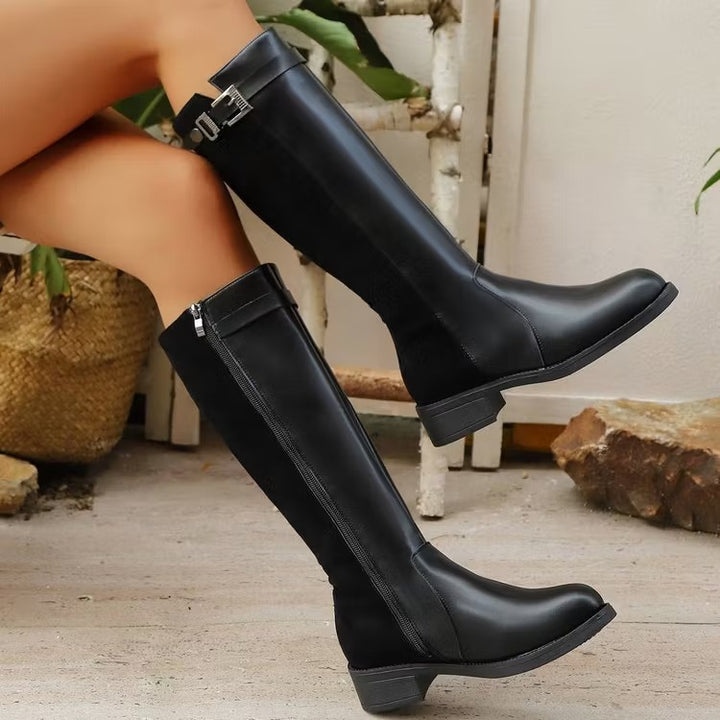 Women's Knee High Boots with Side Zip & Buckle | Block Heel