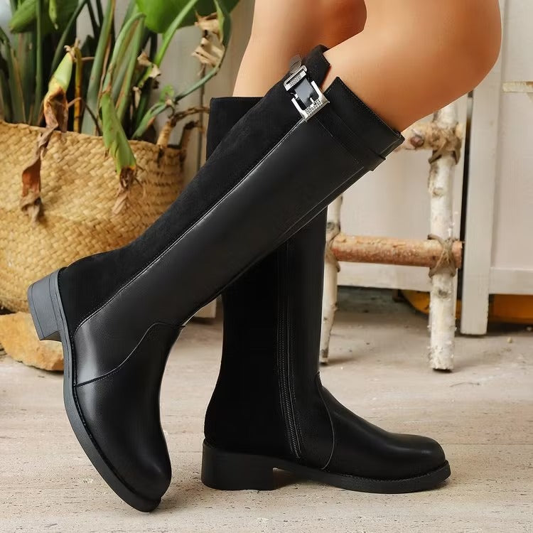 Women's Knee High Boots with Side Zip & Buckle | Block Heel