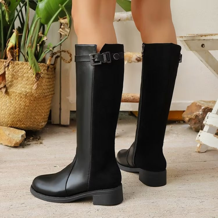Women's Knee High Boots with Side Zip & Buckle | Block Heel