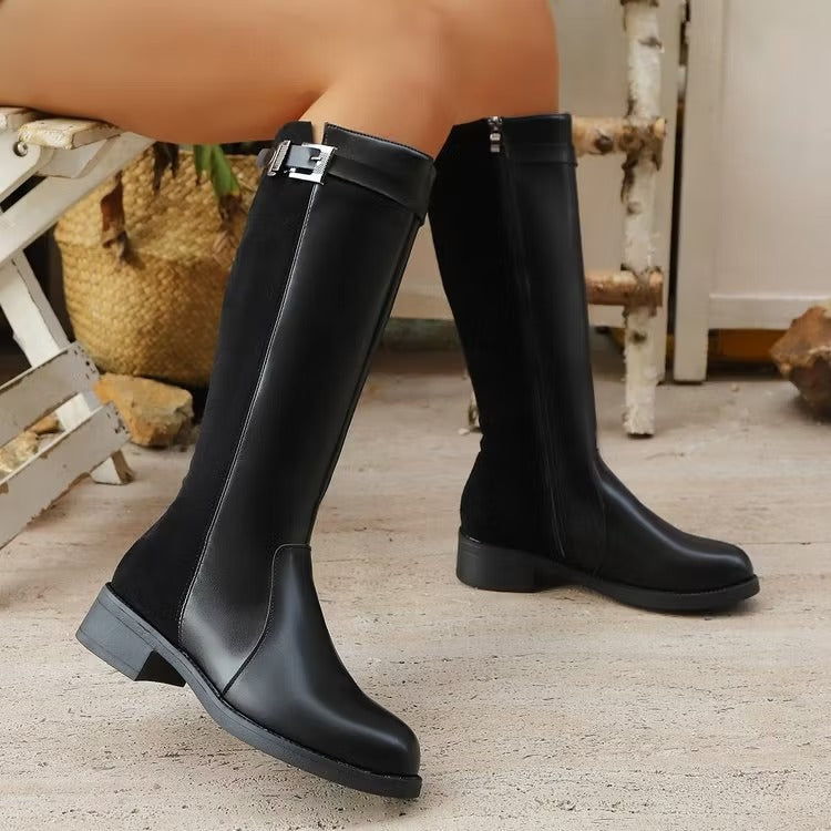 Women's Knee High Boots with Side Zip & Buckle | Block Heel