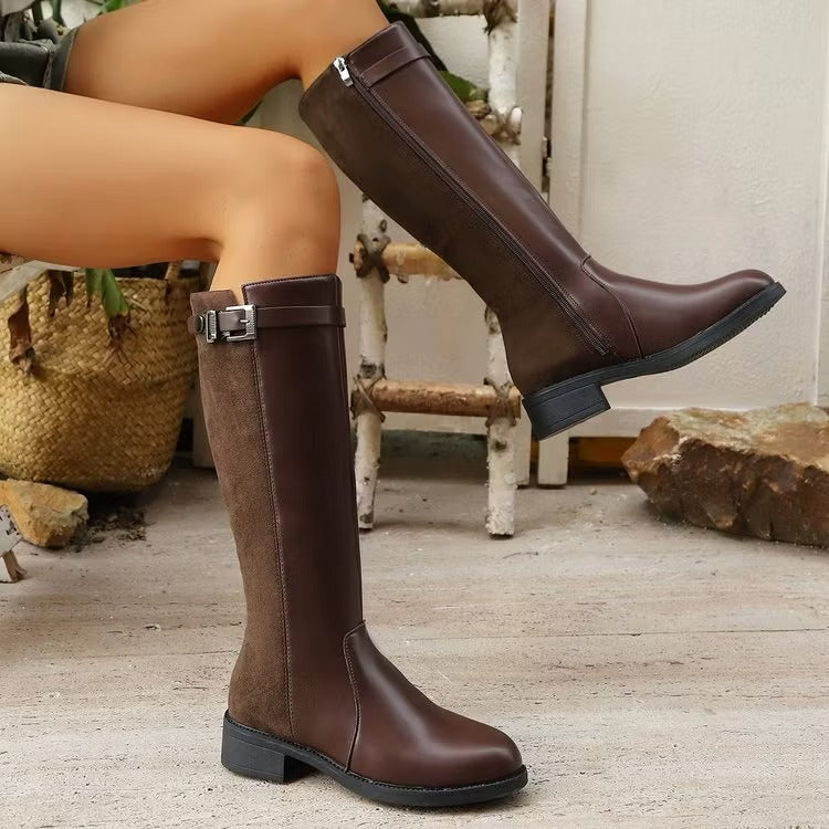 Women's Knee High Boots with Side Zip & Buckle | Block Heel