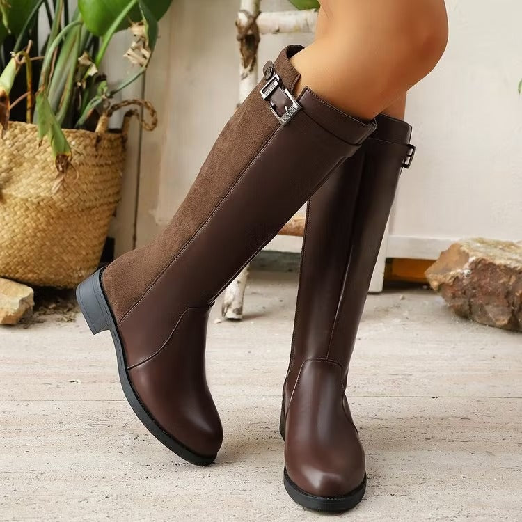 Women's Knee High Boots with Side Zip & Buckle | Block Heel