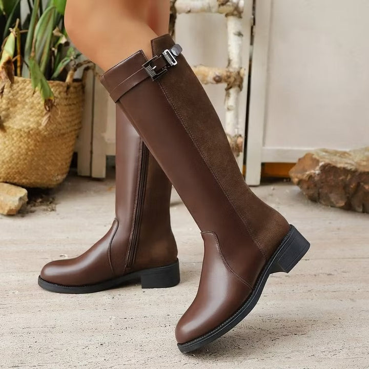 Women's Knee High Boots with Side Zip & Buckle | Block Heel