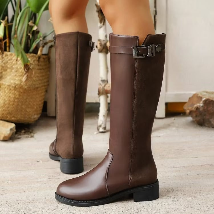 Women's Knee High Boots with Side Zip & Buckle | Block Heel
