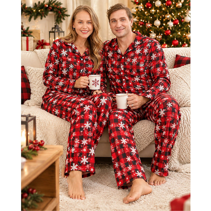 Matching Christmas Pyjamas Set with Snowflake Print & Plaid | Couples