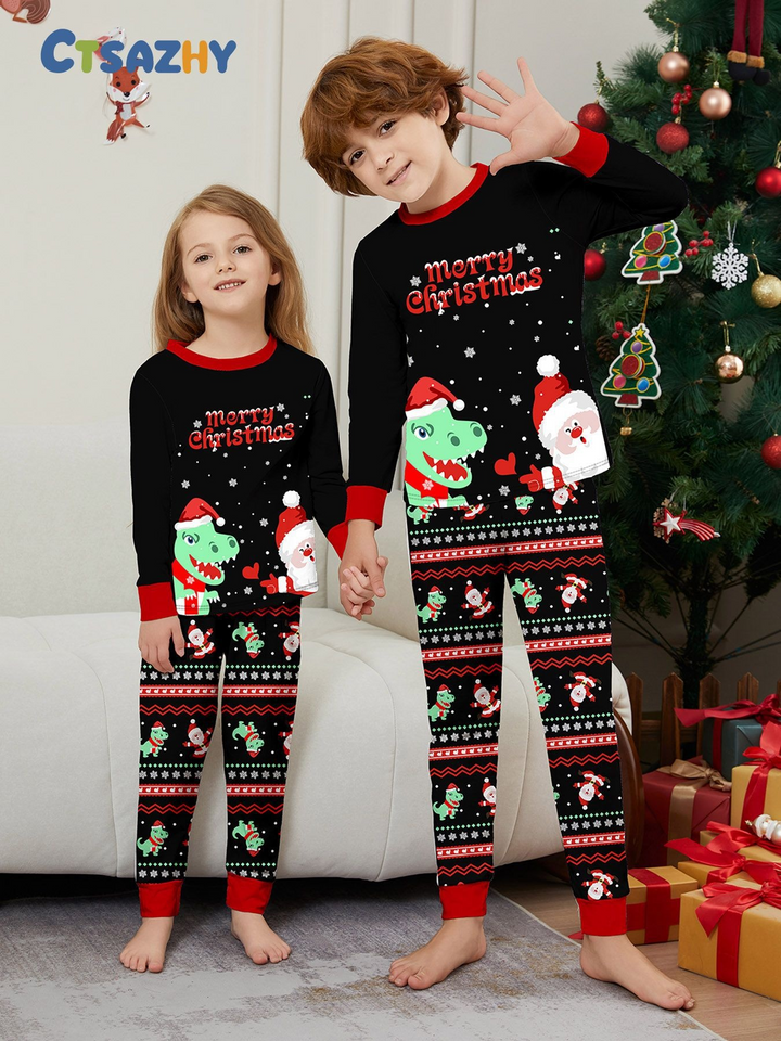 Matching Christmas Pyjamas with Dinosaur & Santa Print | Family Set