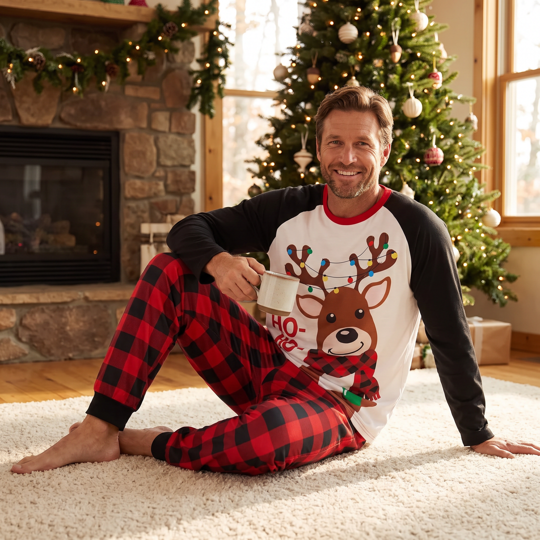 Matching Christmas Pyjamas with Reindeer Print & Plaid Pants | Family Set