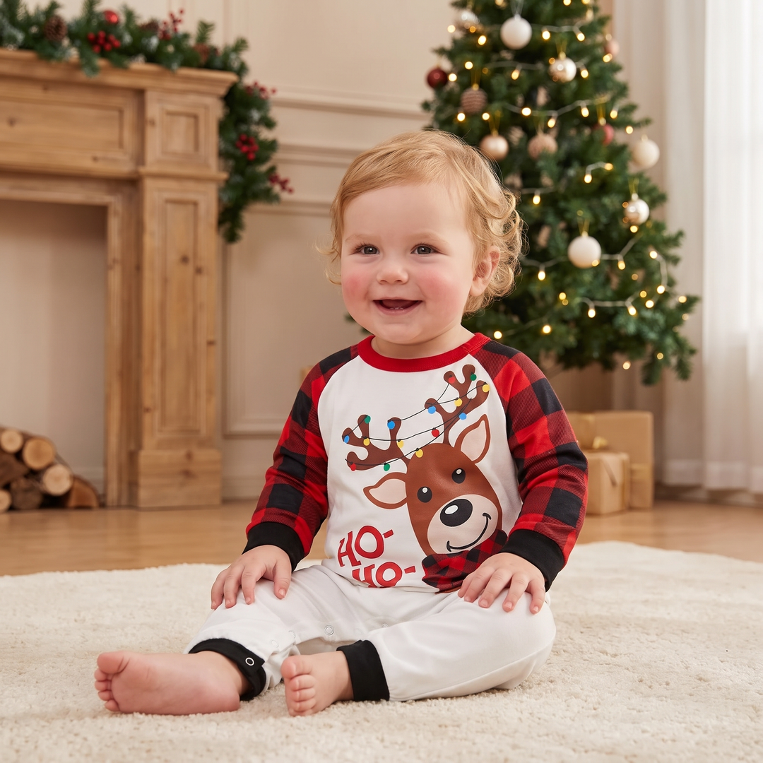Matching Christmas Pyjamas with Reindeer Print & Plaid Pants | Family Set