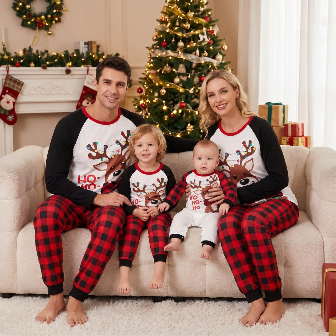 Matching Christmas Pyjamas with Reindeer Print & Plaid Pants | Family Set