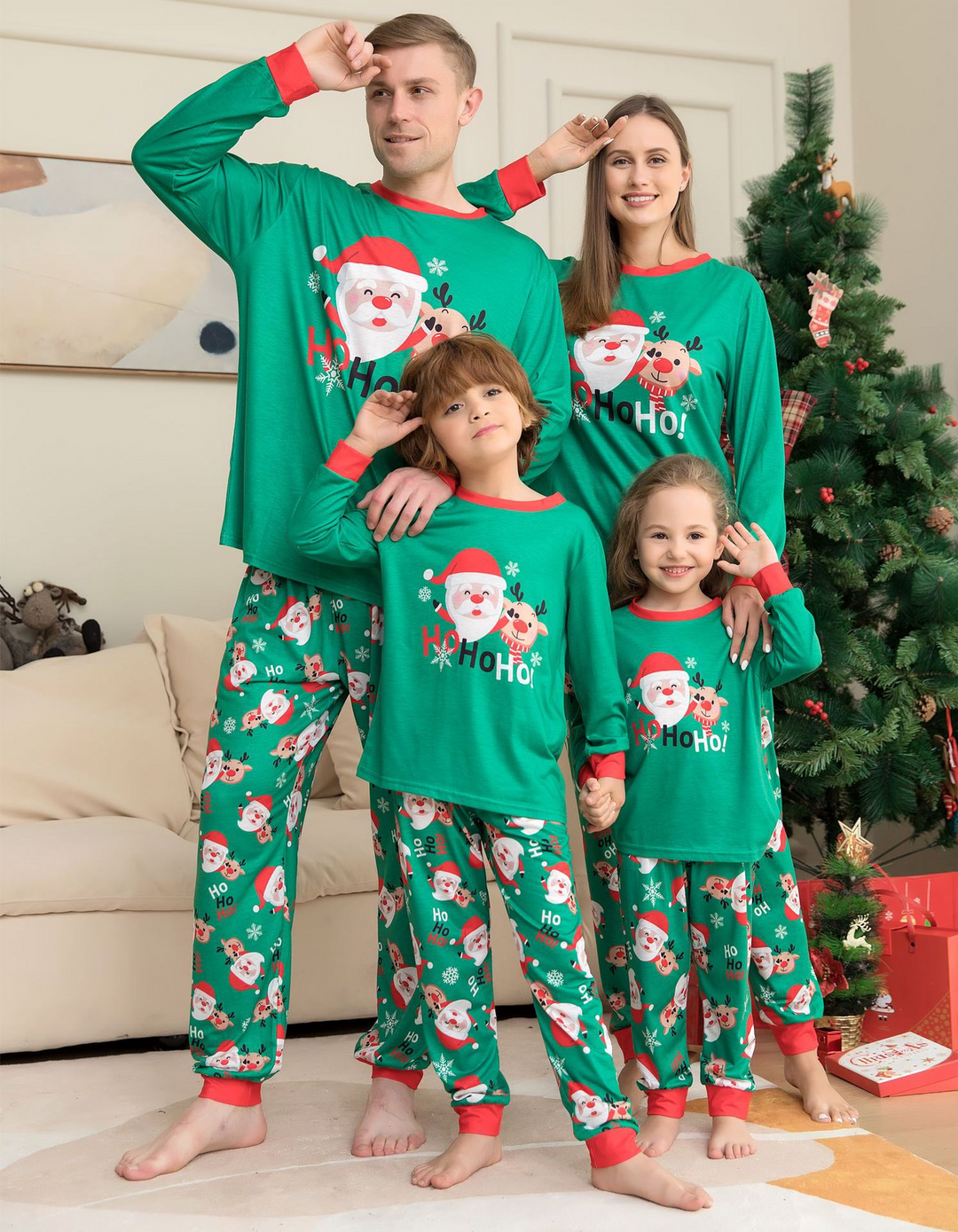 Matching Christmas Pyjamas with Santa & Reindeer | Long Sleeve
