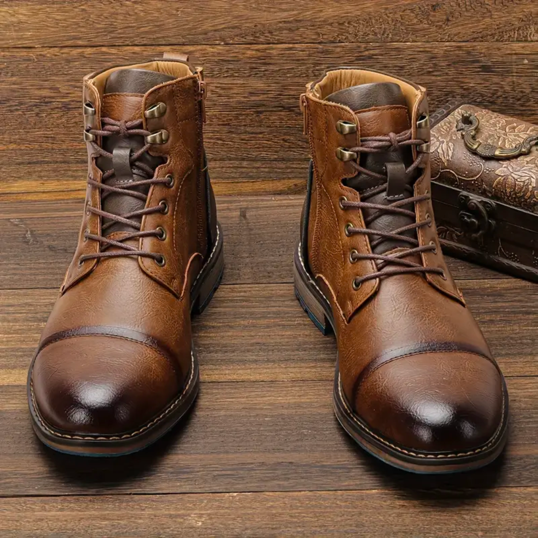 Men's Brown Boots Ankle Lace Up Cap Toe Side Zip | Work