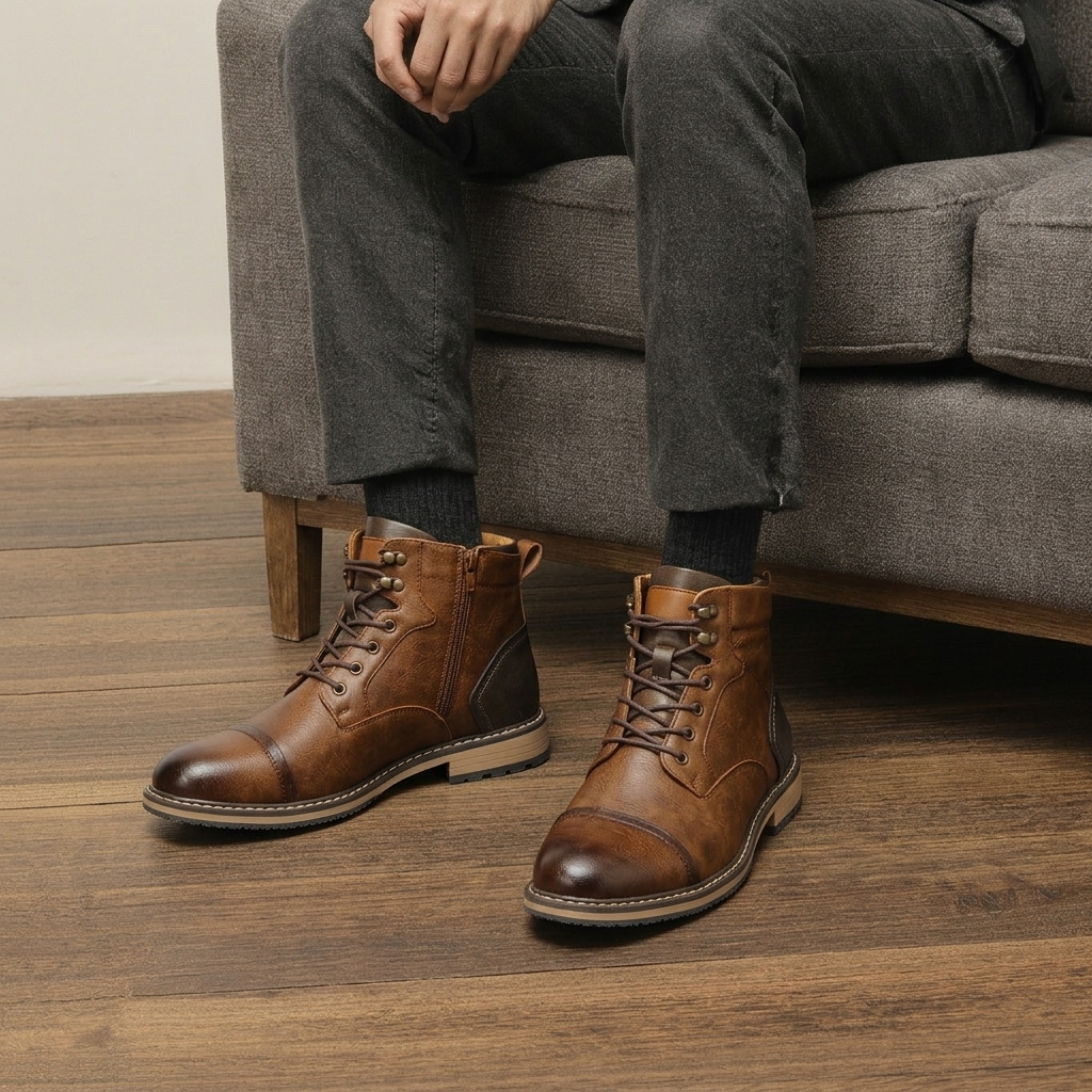 Men's Brown Boots Ankle Lace Up Cap Toe Side Zip | Work