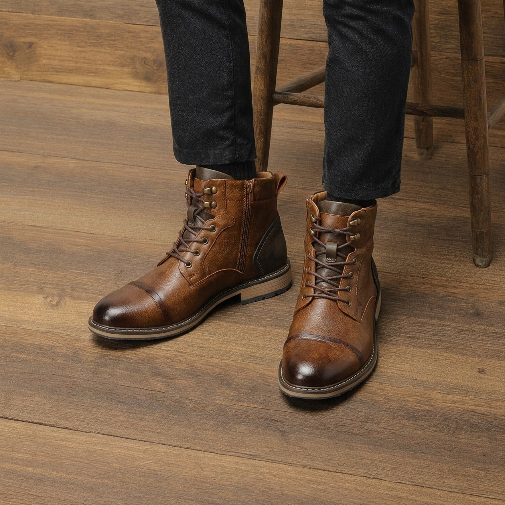 Men's Brown Boots Ankle Lace Up Cap Toe Side Zip | Work