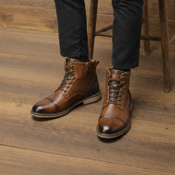 Men's Brown Boots Ankle Lace Up Cap Toe Side Zip | Work