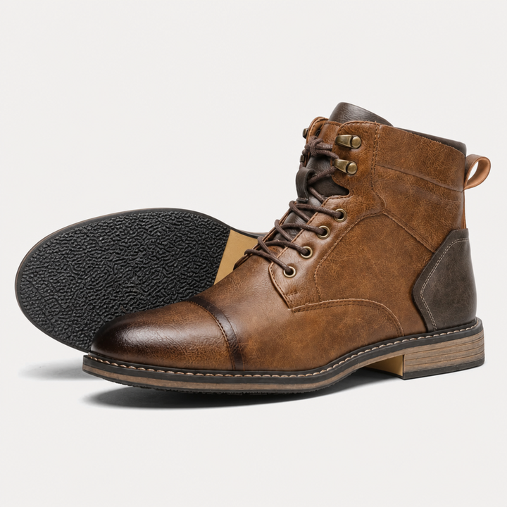 Men's Brown Boots Ankle Lace Up Cap Toe Side Zip | Work