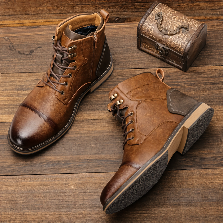 Men's Brown Boots Ankle Lace Up Cap Toe Side Zip | Work