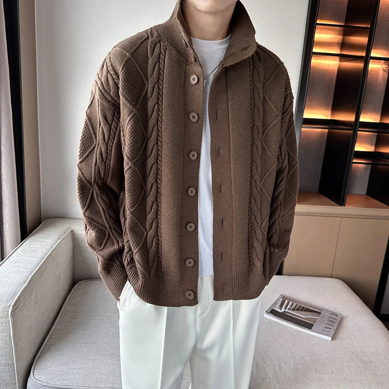 Men's Cable Knit Cardigan with Stand Collar | Button Up