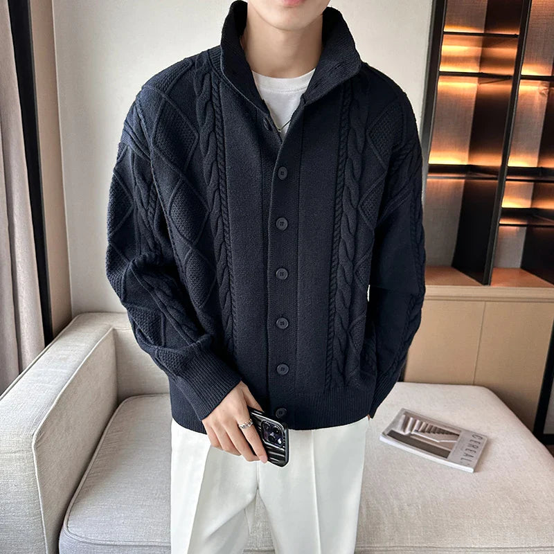 Men's Cable Knit Cardigan with Stand Collar | Button Up