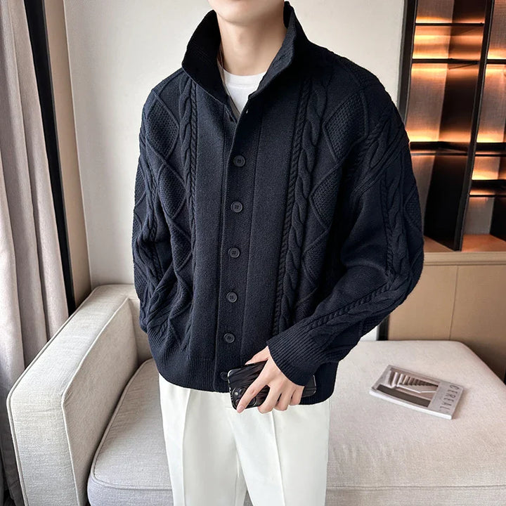 Men's Cable Knit Cardigan with Stand Collar | Button Up