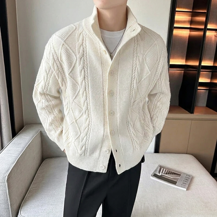 Men's Cable Knit Cardigan with Stand Collar | Button Up
