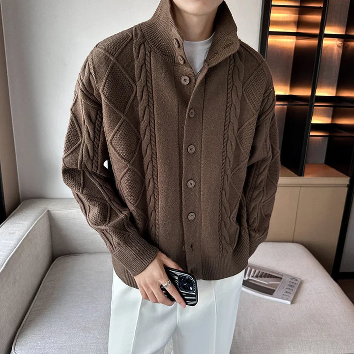 Men's Cable Knit Cardigan with Stand Collar | Button Up