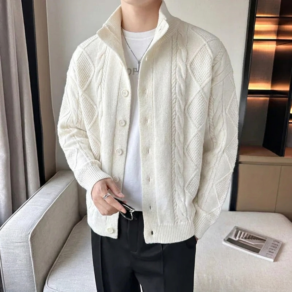 Men's Cable Knit Cardigan with Stand Collar | Button Up
