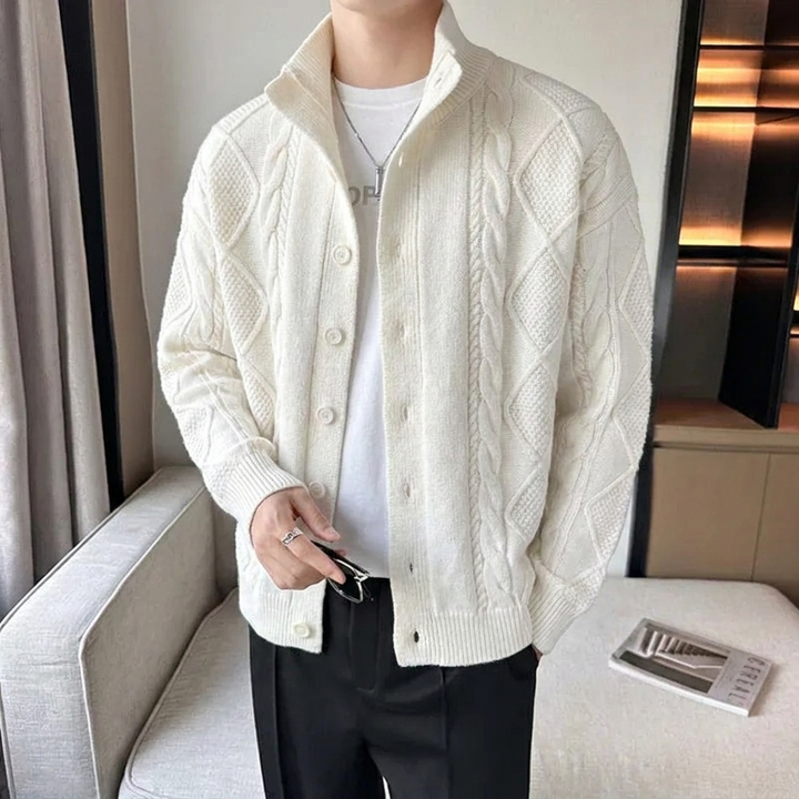 Men's Cable Knit Cardigan with Stand Collar | Button Up