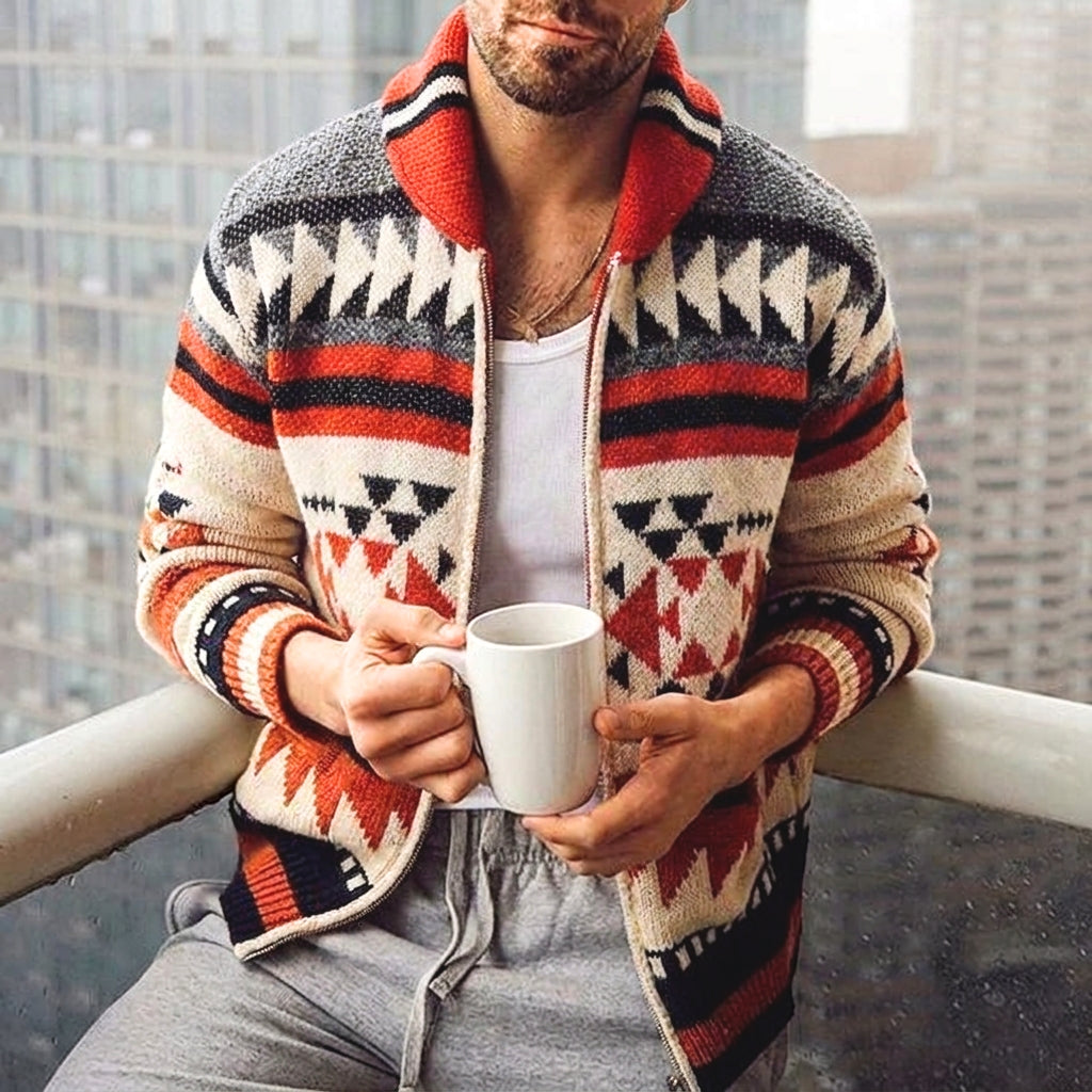 Men's Cardigan with Aztec Pattern & Stand Collar | Knit