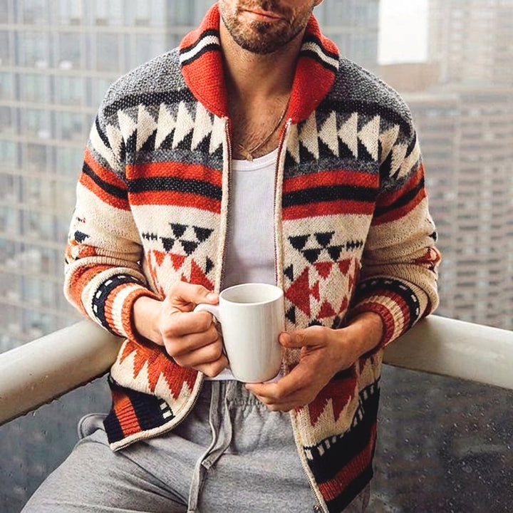 Men's Cardigan with Aztec Pattern & Stand Collar | Knit