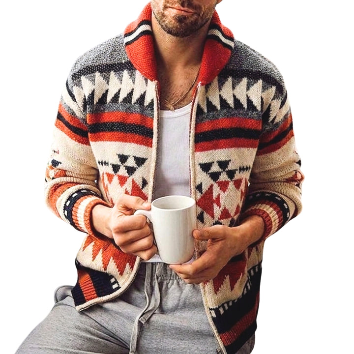 Men's Cardigan with Aztec Pattern & Stand Collar | Knit